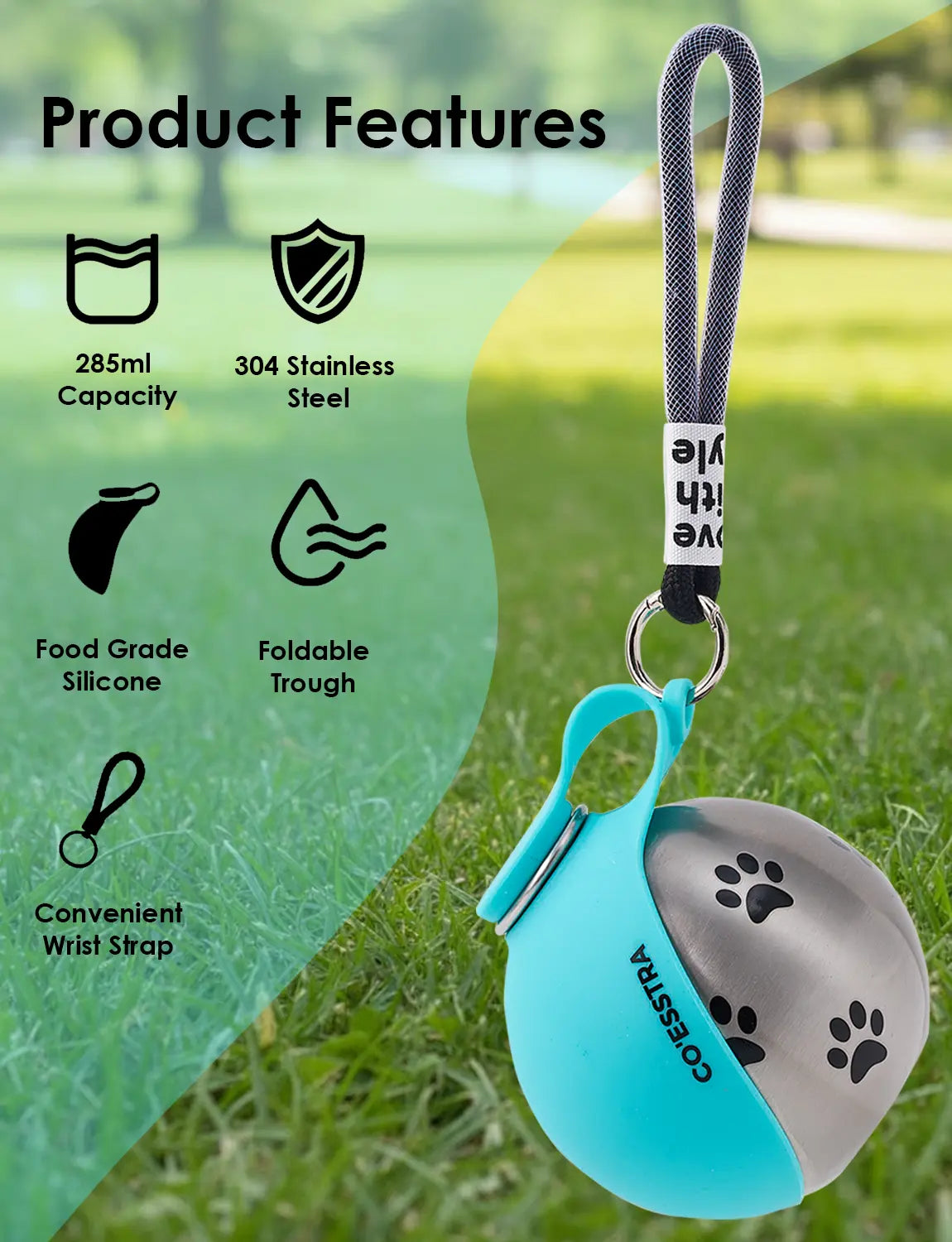 Stainless Steel Pet Water Bottle with Drinking Basin - 285Ml Leak-Proof Mess-Free Travel Bottle for Dogs, Perfect for Walks & Road Trips, Mess-Free Water Bottles