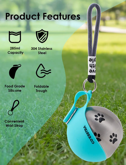 Stainless Steel Pet Water Bottle with Drinking Basin - 285Ml Leak-Proof Mess-Free Travel Bottle for Dogs, Perfect for Walks & Road Trips, Mess-Free Water Bottles